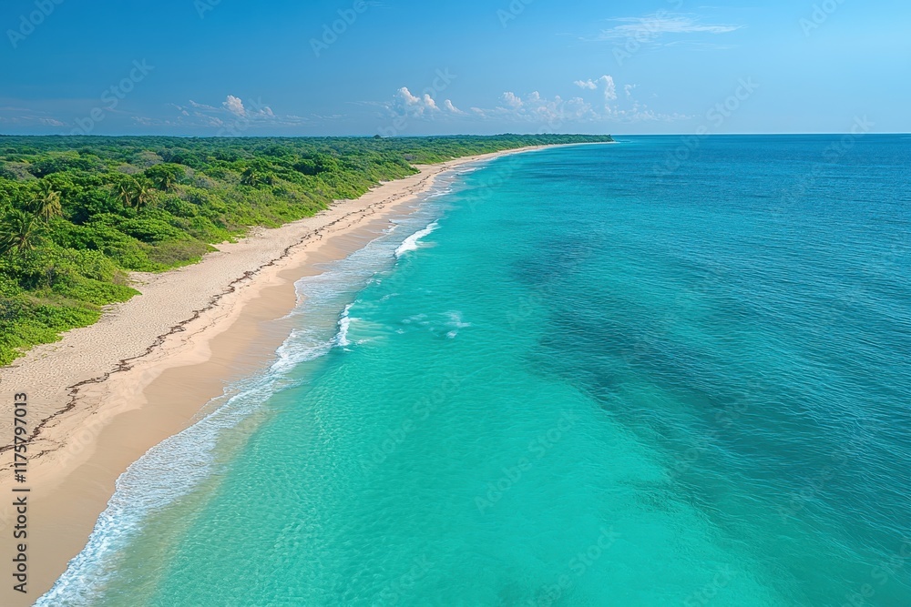 Serene tropical beach with clear turquoise water and lush greenery under a bright blue sky Serene tropical beach with clear turquoise water and lush greenery under a bright blue sky