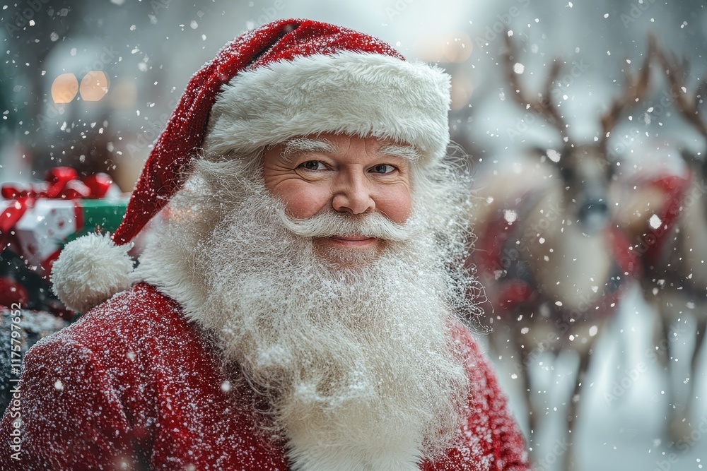 Santa Claus joyfully smiles amidst falling snow with reindeer in the background during a festive winter celebration Santa Claus joyfully smiles amidst falling snow with reindeer in the background during a festive winter celebration
