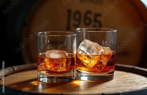 Two whiskey glasses filled with ice cubes, amber colored spirit placed on wooden barrel. Image close-up. Whiskey drinks served in glasses. Luxurious, classic alcoholic beverage. Aged spirit on ice. photo