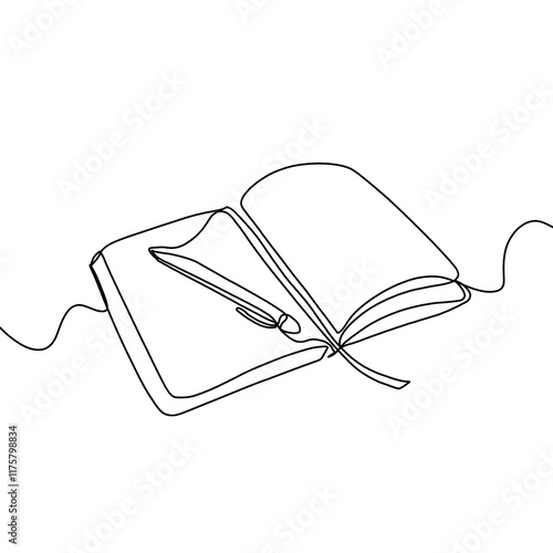 Continuous line art drawing of book and pen or pencil. Opened book single line art drawing illustration. Note book and pen drawing.