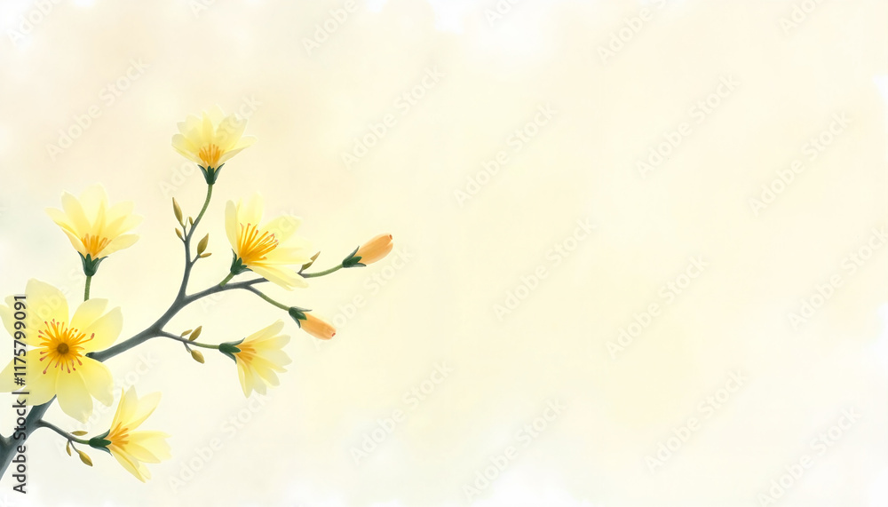 Delicate yellow flowers on a soft branch against a light background with copy space Delicate yellow flowers on a soft branch against a light background with copy space