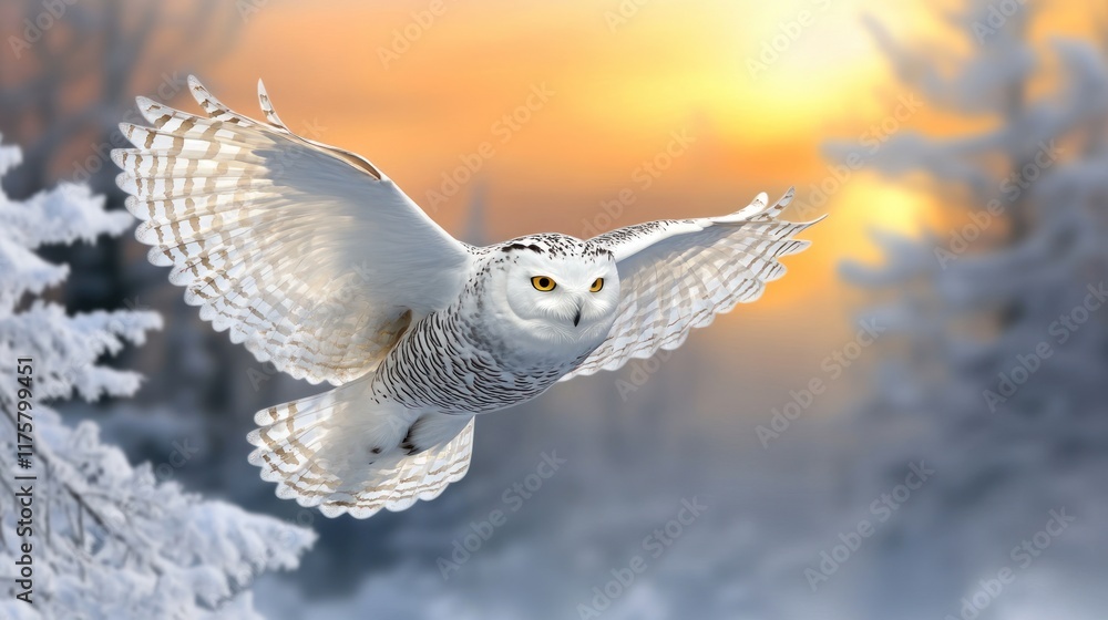 Fototapeta premium A snowy owl gliding through a winter landscape at sunset.