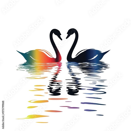 Two swans reflected in colorful water photo