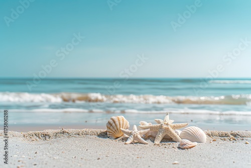 Seashells and starfish on a sandy beach photo