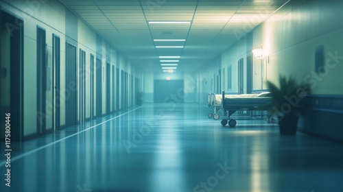 Hospital corridor with a patient in a hospital. Empty hospital corridor, blurred background. Modern interior with spacious room and hospital bed. Blurred interior of a medical facility. Spacious medi photo