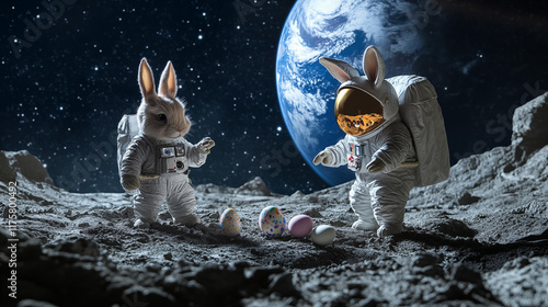 astronout bunnies searching easter eggs on the moon