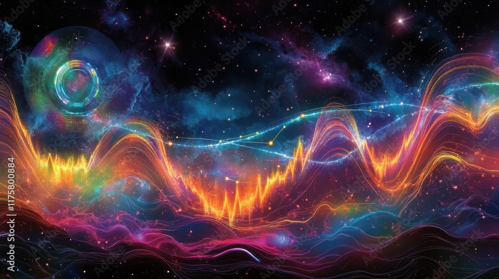 Abstract Cosmic Waves of Colorful Light in Space with Stars and Planets Representing Energy Flow and Vibrational Frequencies in an Artistic Representation Abstract Cosmic Waves of Colorful Light in Space with Stars and Planets Representing Energy Flow and Vibrational Frequencies in an Artistic Representation