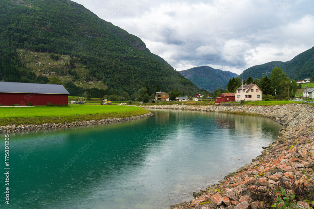 Fototapeta premium Skjolden Village at the end of Lustrafjorden in Norway