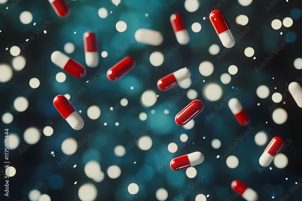Floating red and white capsules against a blurred blue background filled with soft lights. Generative AI Floating red and white capsules against a blurred blue background filled with soft lights. Generative AI