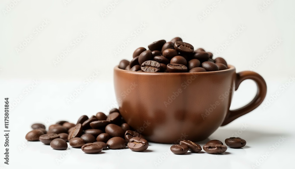 Fototapeta premium Coffee beans in a cup, dark roasted, white background, still life