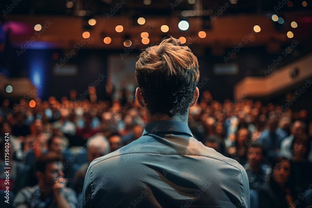 Speaker addressing a large audience in a hall. Speaker addressing a large audience in a hall.