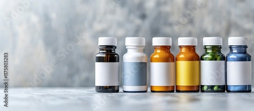 Six Medicine Bottles with Blank Labels on a Gray Background