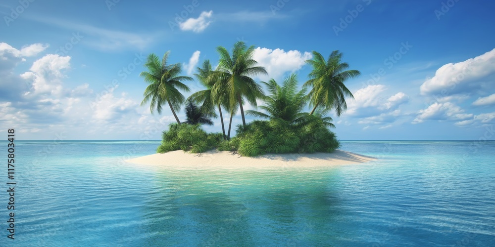 A small island with palm trees and a blue ocean. The island is surrounded by water and has a calm, peaceful atmosphere A small island with palm trees and a blue ocean. The island is surrounded by water and has a calm, peaceful atmosphere