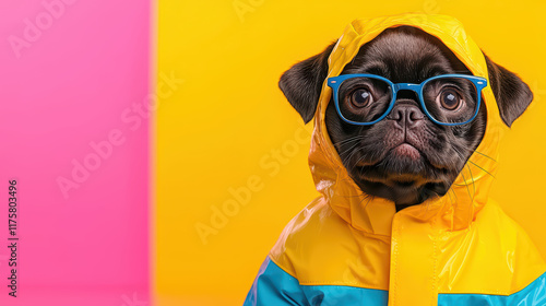 playful pug wearing colorful raincoat and glasses against vibrant background