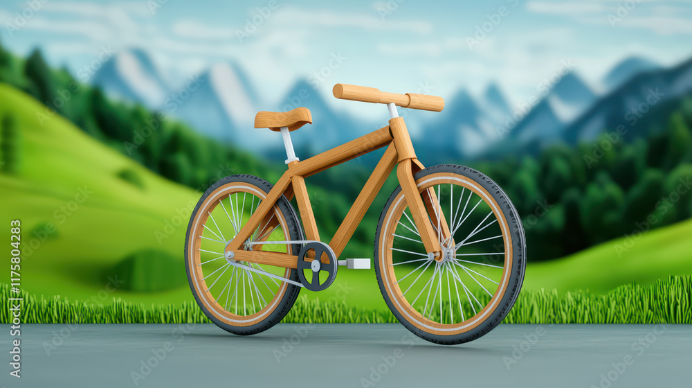 Obraz premium wooden bicycle parked on scenic road with mountains in background