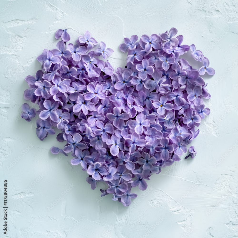 Obraz premium Heart-shaped arrangement of lilac flowers on textured background