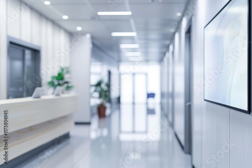 Modern office hallway with reception desk and digital display.