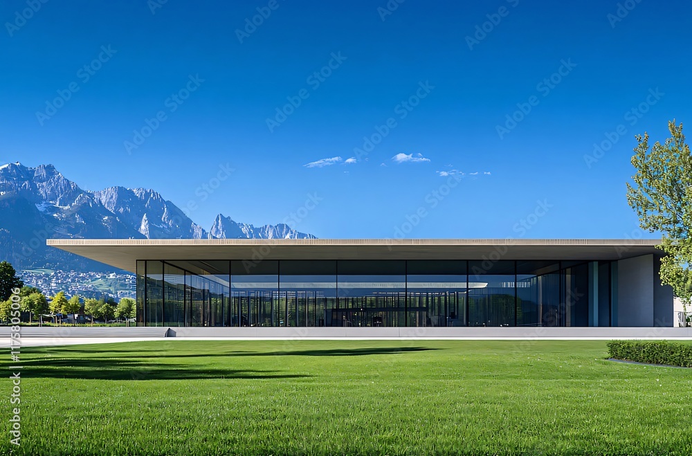 Modern glass building with mountain view. (2) Modern glass building with mountain view. (2)