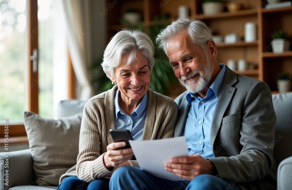 Senior couple using smartphone, documents to pay for services online at home. Look happy reviewing utility bills, online payments. Photo captures moment of ease with tech solutions for seniors. Senior couple using smartphone, documents to pay for services online at home. Look happy reviewing utility bills, online payments. Photo captures moment of ease with tech solutions for seniors.