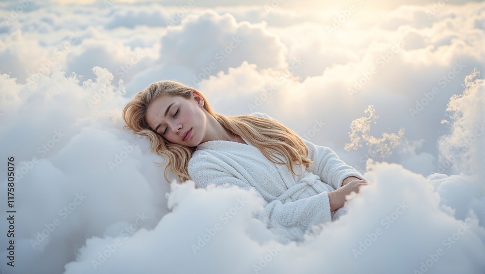 Blonde woman asleep on a cloud in morning sunlight wearing white robe Blonde woman asleep on a cloud in morning sunlight wearing white robe
