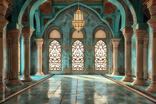 Islamic interior design, including lighting, during Ramadan Kareem, Generative AI.