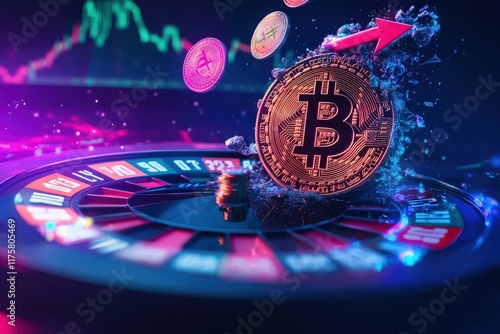 Cryptocurrency roulette wheel fragmenting, coins falling off, representing high risks and losses in crypto gambling.