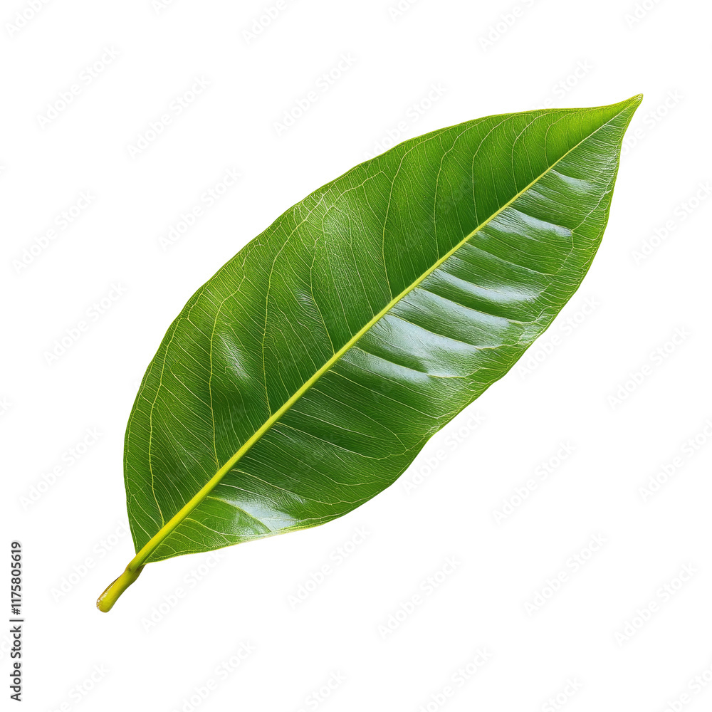 Fototapeta premium A fresh mango leaf displayed against a clean transparent background capturing its vibrant green color and intricate texture, Mango leaf on transparent background