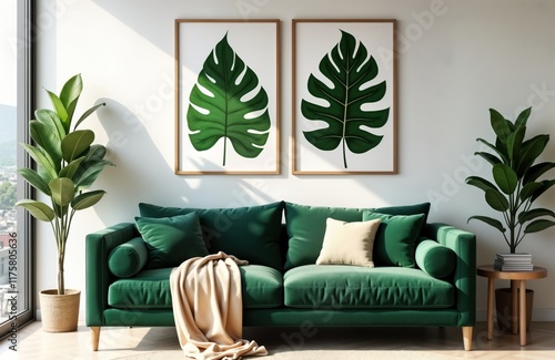 Spacious living room interior features contemporary green velvet sofa with beige throw blanket, pillows. Two framed posters of tropical leaves hang above sofa on white wall. Plants add touch of photo