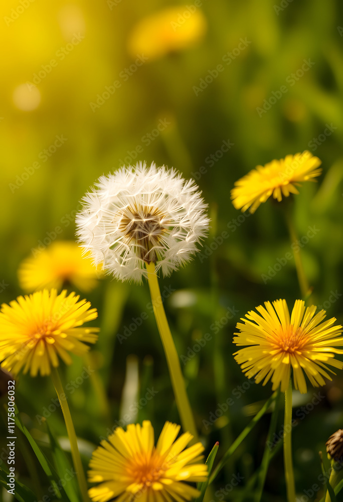 Beautiful flowers of yellow dandelions in nature in warm summer or spring on meadow in sunlight, macro. Dreamy artistic image of beauty of nature. Soft focus, with white tones Beautiful flowers of yellow dandelions in nature in warm summer or spring on meadow in sunlight, macro. Dreamy artistic image of beauty of nature. Soft focus, with white tones