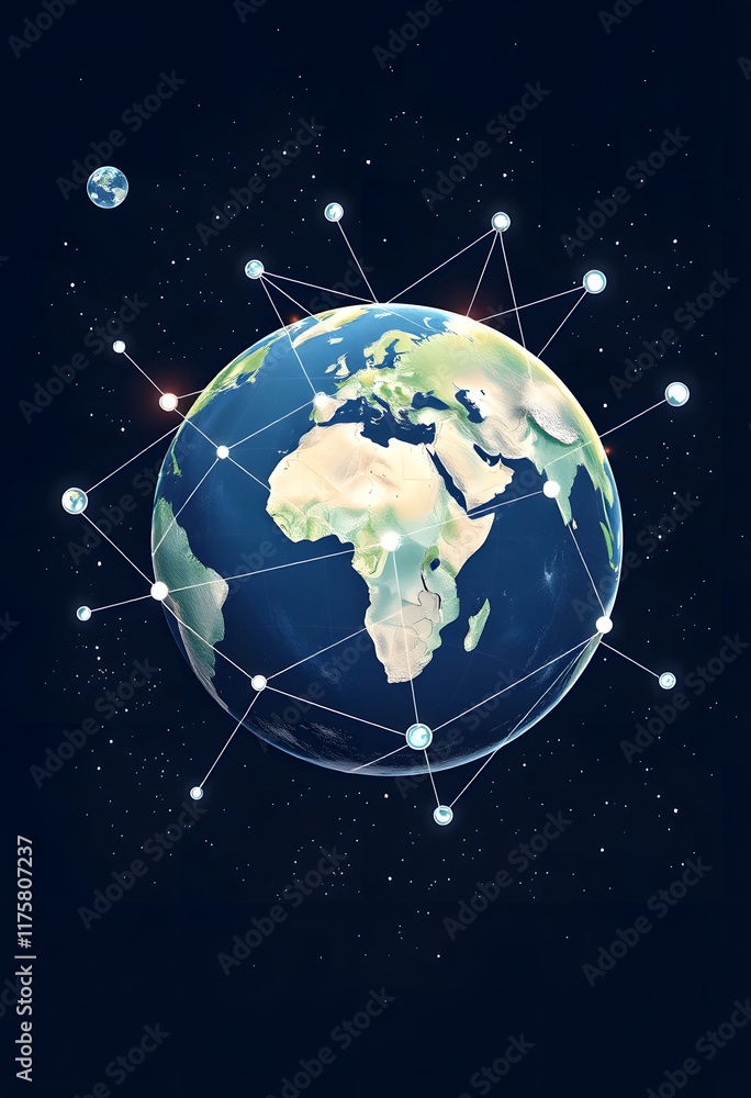 Global network on earth from space, world finance connectivity, business trading, telecommunications, hand-drawn digital illustration, with white tones Global network on earth from space, world finance connectivity, business trading, telecommunications, hand-drawn digital illustration, with white tones