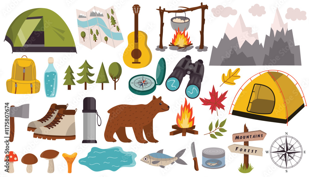 Naklejka premium Cartoon design elements set for summer camping theme in flat style isolated on white background. Tent and campfire, binoculars and brown bear.