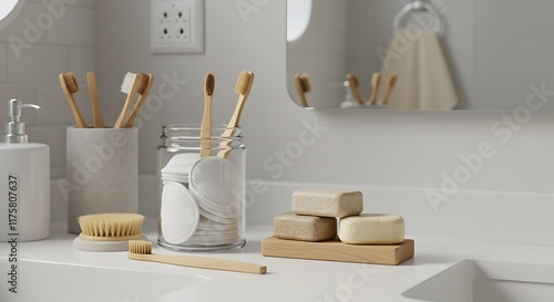 Zero Waste Bathroom Essentials with Bamboo Toothbrushes and Soap photo