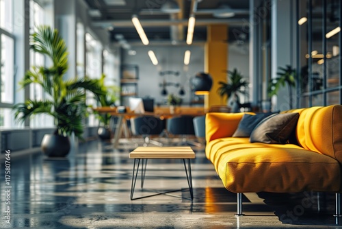 Modern office lounge with yellow sofa and plants