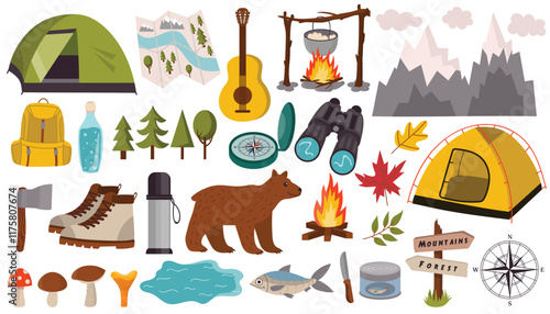 Cartoon design elements set for summer camping theme in flat style isolated on white background. Tent and campfire, binoculars and brown bear.