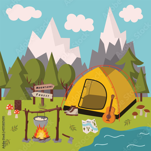 Cartoon scene of camping stop with tent and campfire in flat style isolated on white background.