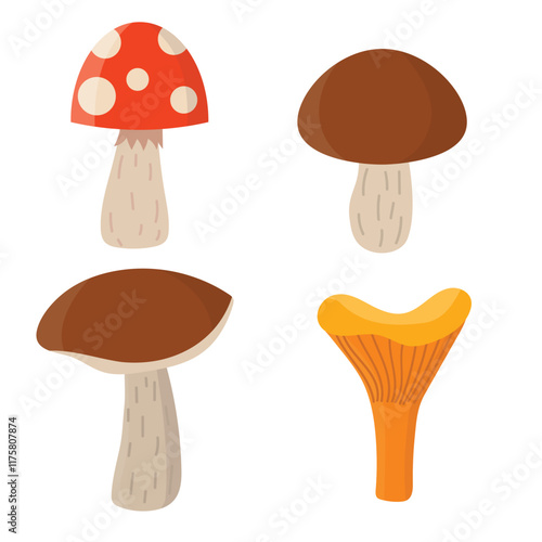 Cartoon mushroom set in flat style isolated on white background. Chanterelle mushroom, porcini mushroom, champignon, fly agaric.