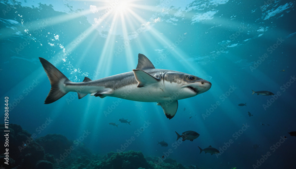 Naklejka premium Graceful baby shark swimming among bubbles in blue waters, marine beauty