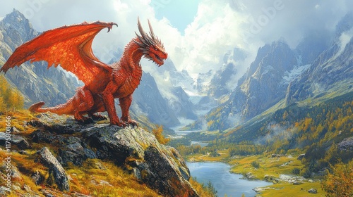 Fiery dragon atop mountain overlooking valley; fantasy; scenic; illustration; nature; digital art