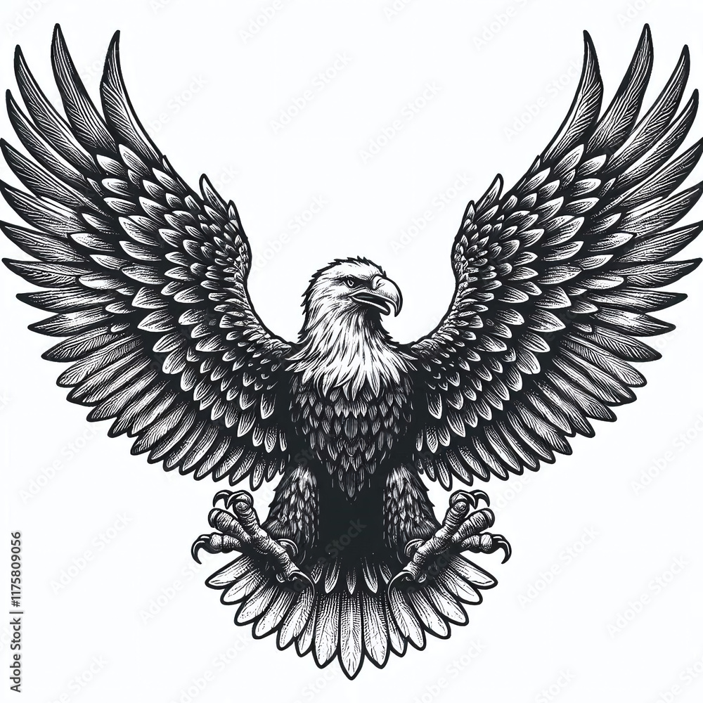 Fototapeta premium eagle with its wings fully spread, showcasing sharp talons and bold feathers sketch. Scratch board imitation. Black and white image. Generative AI.