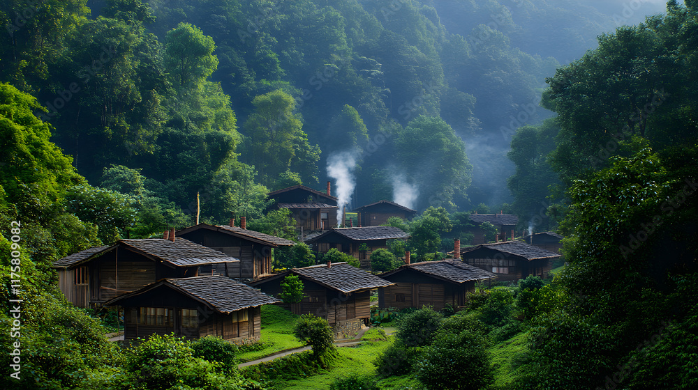 Secluded Forest Village: A Haven of Wooden Homes Under the Midday Sun Secluded Forest Village: A Haven of Wooden Homes Under the Midday Sun
