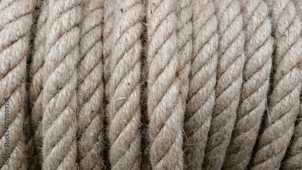 A detailed closeup image showcasing the unique texture of natural twisted rope material A detailed closeup image showcasing the unique texture of natural twisted rope material