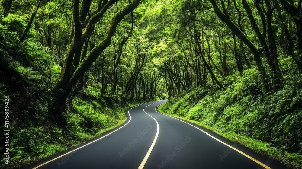A serene highway winds through a dense green forest with lush vegetation, creating a tranquil and rejuvenating atmosphere for travelers passing through. A serene highway winds through a dense green forest with lush vegetation, creating a tranquil and rejuvenating atmosphere for travelers passing through.