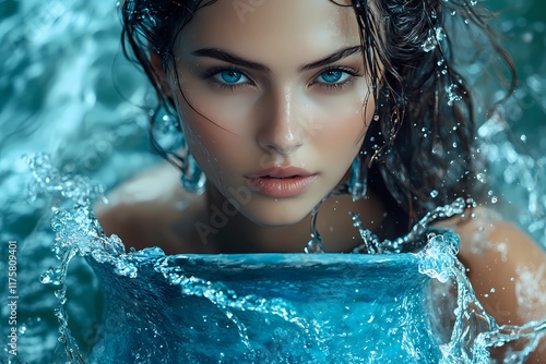 Beautiful woman with striking blue eyes, wet hair, holding a vibrant blue jug surrounded by splashing water, intense gaze, aquatic theme, shimmering aqua tones, representing Aquarius zodiac symbolism