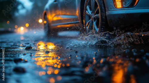 flooded road during heavy rain, with a car driving through deep water in the background. Moving car sprays puddle when heavy rain drops