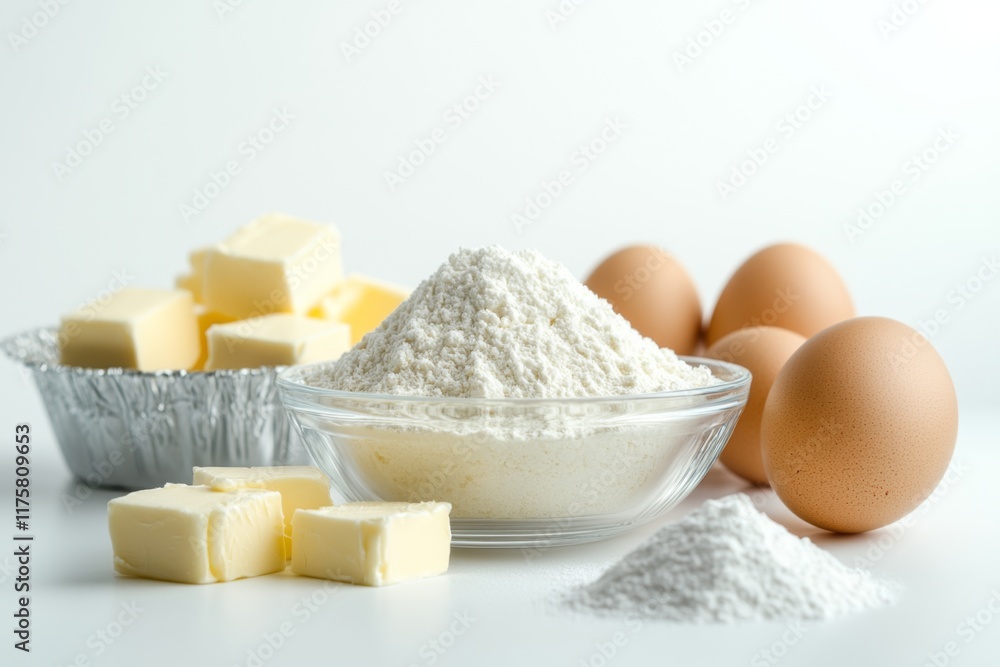 Ingredients for baking: a glass bowl of flour, cubes of butter in silver dish, and three eggs, artfully arranged on a clean white surface, ready for cooking. Ingredients for baking: a glass bowl of flour, cubes of butter in silver dish, and three eggs, artfully arranged on a clean white surface, ready for cooking.