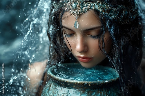 Beautiful woman with serene expression and flowing hair, leaning on an ornate aqua jug with splashing water, wearing white lace, soft lighting, ethereal and tranquil ambiance, Aquarius zodiac symbolis