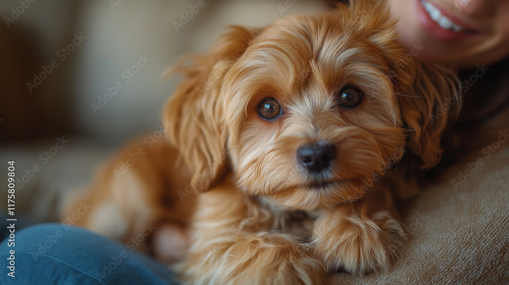 cute little toy poodle dog sitting on girl's lap cute little toy poodle dog sitting on girl's lap