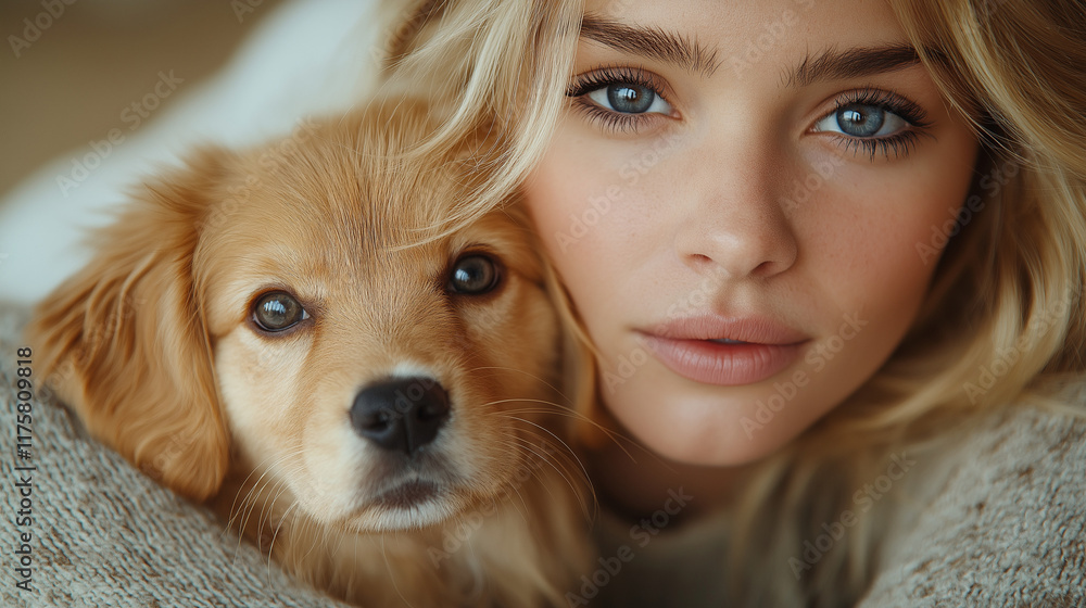 The owner of the dog and her pet. Happy girl holding a cute puppy near her face, expresses love and care for a pet, woman in a sweater. The owner of the dog and her pet. Happy girl holding a cute puppy near her face, expresses love and care for a pet, woman in a sweater.
