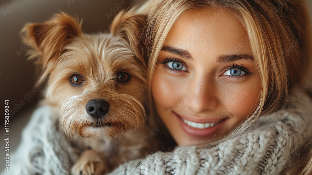 The owner of the dog and her pet. Happy girl holding a cute puppy near her face, expresses love and care for a pet, woman in a sweater. The owner of the dog and her pet. Happy girl holding a cute puppy near her face, expresses love and care for a pet, woman in a sweater.