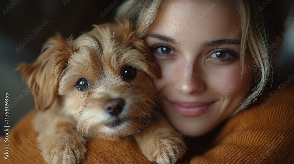 Portrait of young beautiful woman playing with her adorable four months old wire haired dog puppy. Loving girl with rough coated pup having fun. Portrait of young beautiful woman playing with her adorable four months old wire haired dog puppy. Loving girl with rough coated pup having fun.